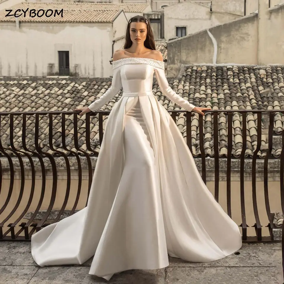 

2 In 1 Detachable Train Mermaid Satin Long Sleeves Wedding Dresses 2023 Vintage Beading Boat Neck Bridal Gowns Vestido De Noiva