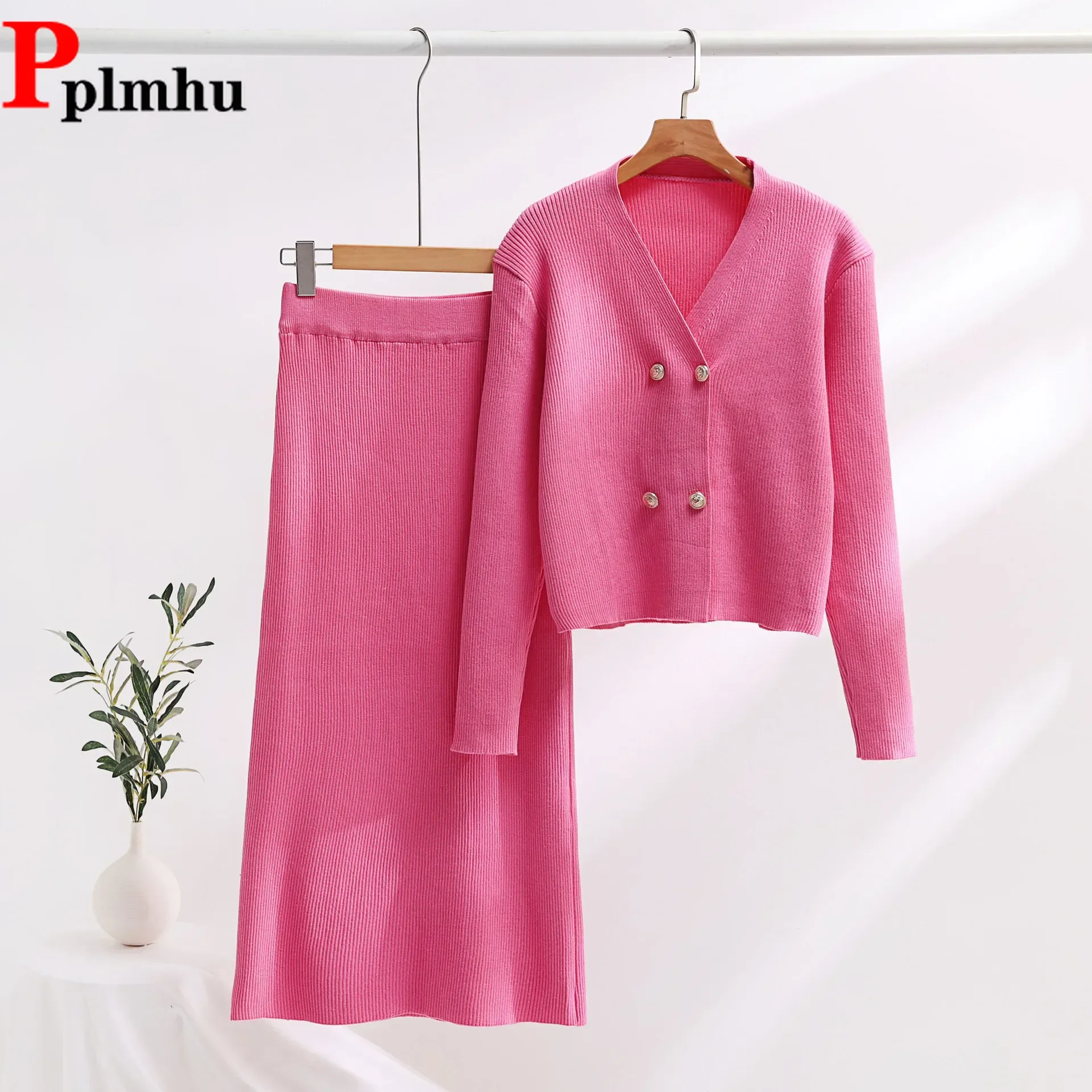 

Women V-neck Long Sleeve Knitwears Short Cardigan Tops Suits Casual Slim Skirts Conjuntos Elegant Design Knitted 2 Piece Sets