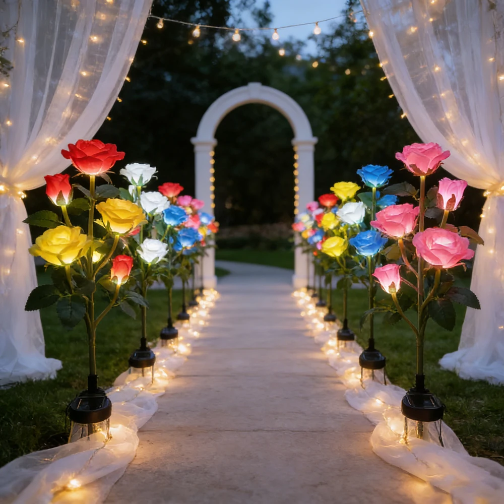 5 Heads Solar Lights Outdoor Decorative Solar Garden Lights Rose Flower Lawn Lamp for Yard Patio Garden Decor Wedding Birthday