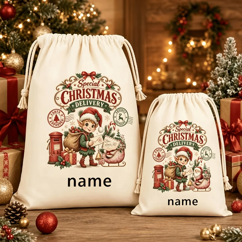 1Pc Personalized Christmas Custom Name/Text Imitation Hemp Gift Bags, Christmas Elf Pattern Drawstring Bag, Party Candy Bags