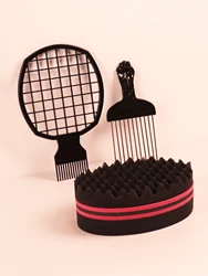 3-piece curly hair sponge set, twisted curly hair comb with sponge brush, African style metal comb, sponge curly hair comb