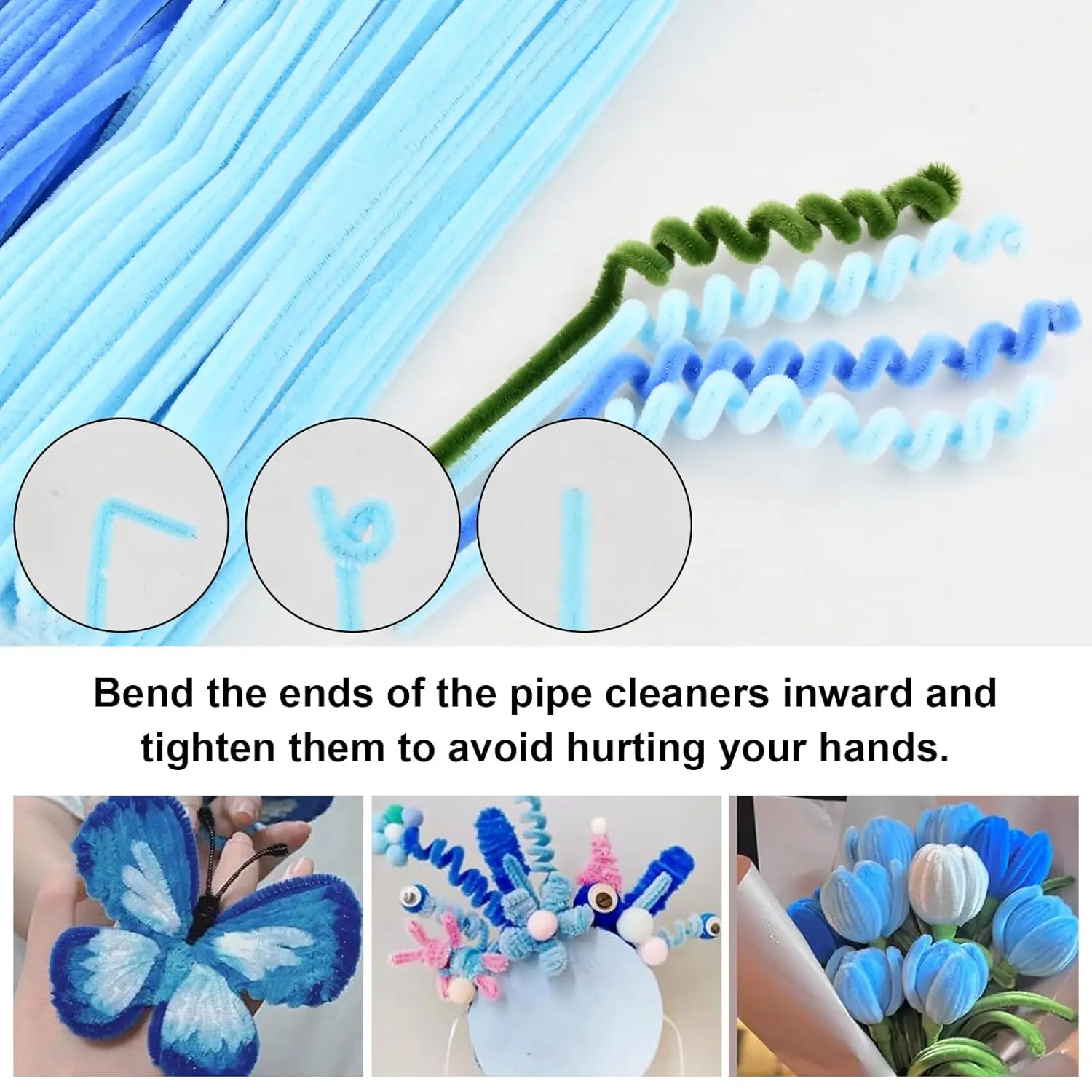 300pcs pipe cleaner set, blue tulip bouquet pipe cleaner, 20 pcs of green rod wire, 150 flower stamens, 2 tapes, for handcrafted view 3
