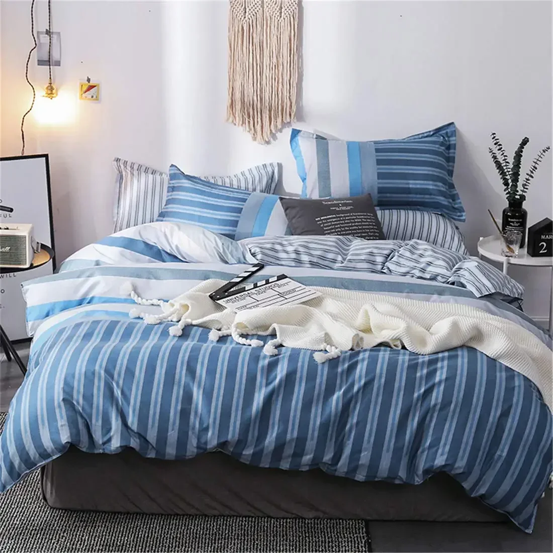 

3 Piece Quilted Coverlet Bedding Set Blue Geometric Includes 1 Duvet Cover with Pillowcases No Comforter