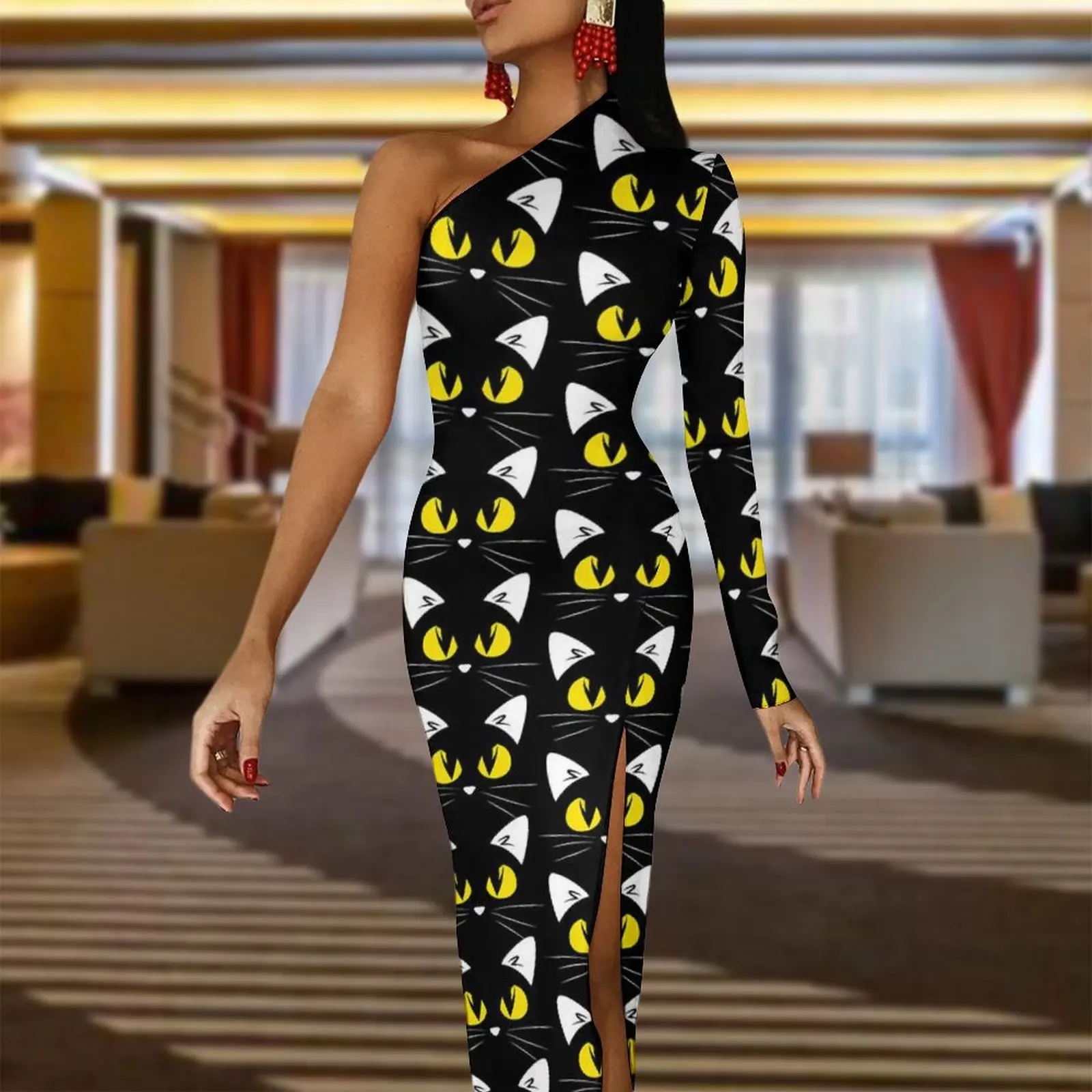 Halloween Print Bodycon Dress Spring Black Cats Club High Slit Long Dresses Long Sleeve Custom Aesthetic Dress