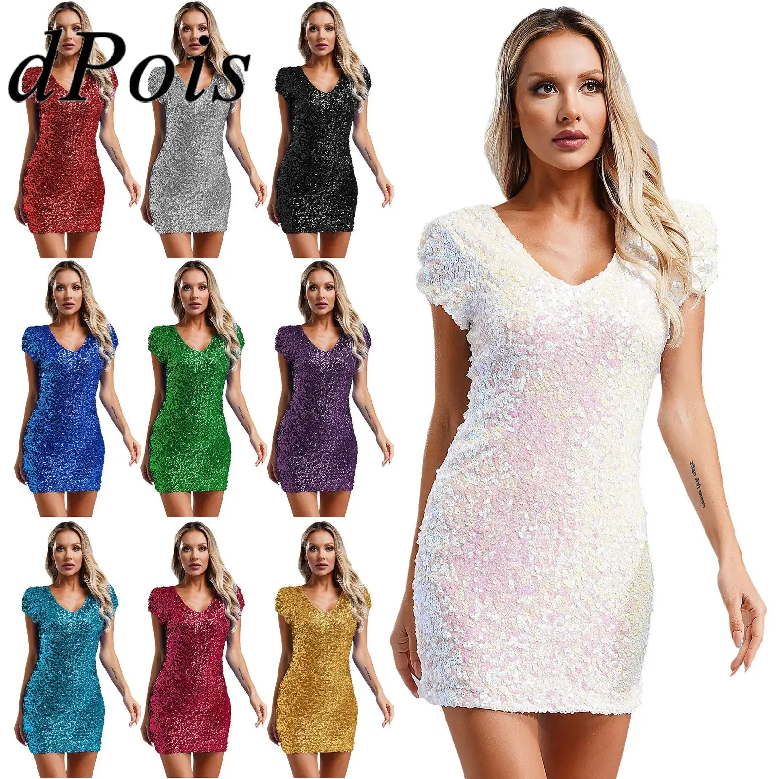 Womens Cocktails Dresses Sparkly Sequin Mini Dress V Neck Short Sleeve Fully Lining Bodycon Dress for Nightclub Club Party Gown