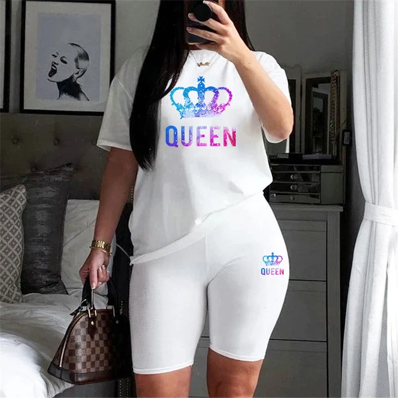 Womens Colored Queen Printing Tracksuit Fashion Casual T-Shirt +Shorts 2 Piece Set Luxury Jogging Outfit Summer Travel ShortSuit