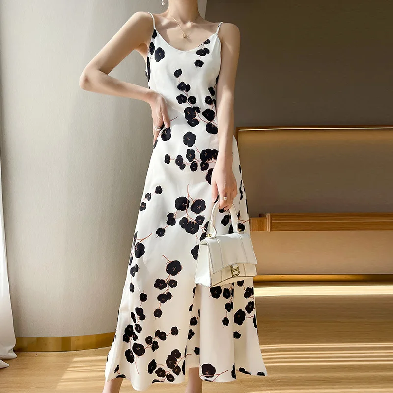 Spring and Summer New Satin Sling Simple Versatile Casual Dress Lady Temperament French Printed Midi Skirt