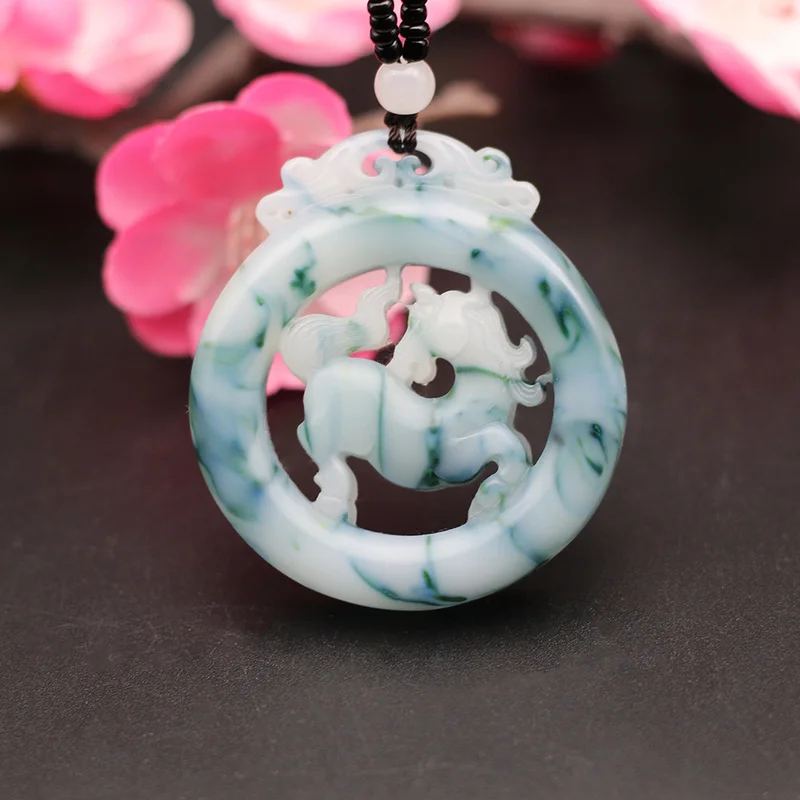 

Natural Color Jade Horse Pendant Necklace Chinese Charm Jewellery Double-sided Hollow Carved Fashion Amulet Gifts for Men Women