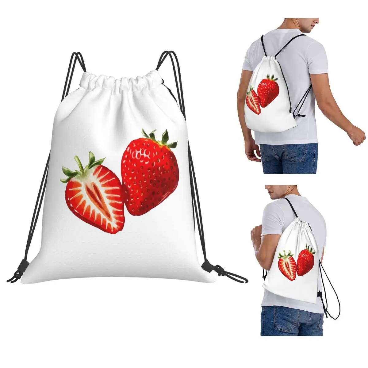 Two Strawberries Resting On A White Background Backpacks Multi-function Drawstring Bags Sports Bag Book Bags for Travel School