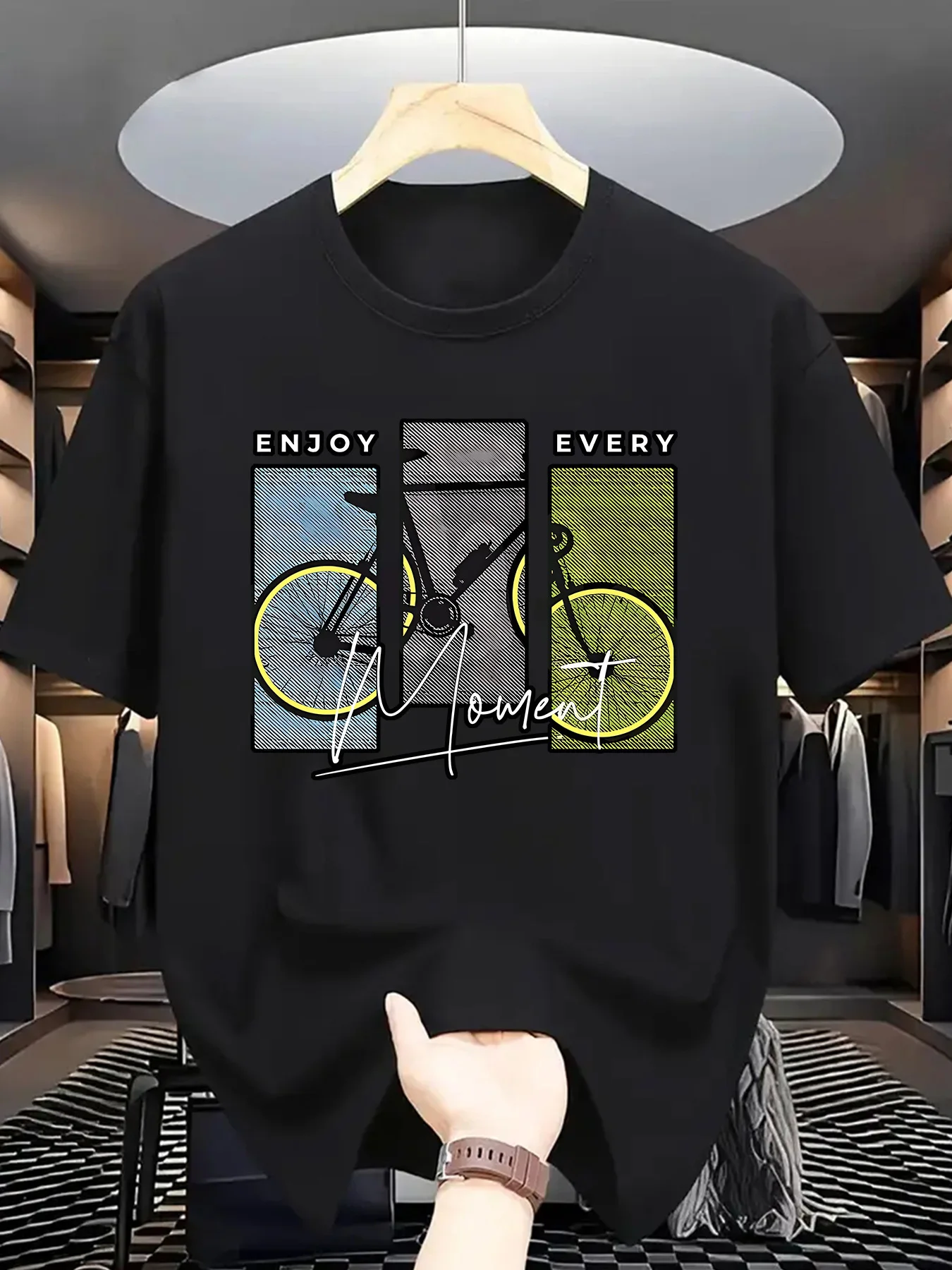 Vintage Bicycle Enjoy Every Moment Print on Premium 100% Cotton Mens T Shirt Perfect Summer Outdoor Rides and Casual Streetwear