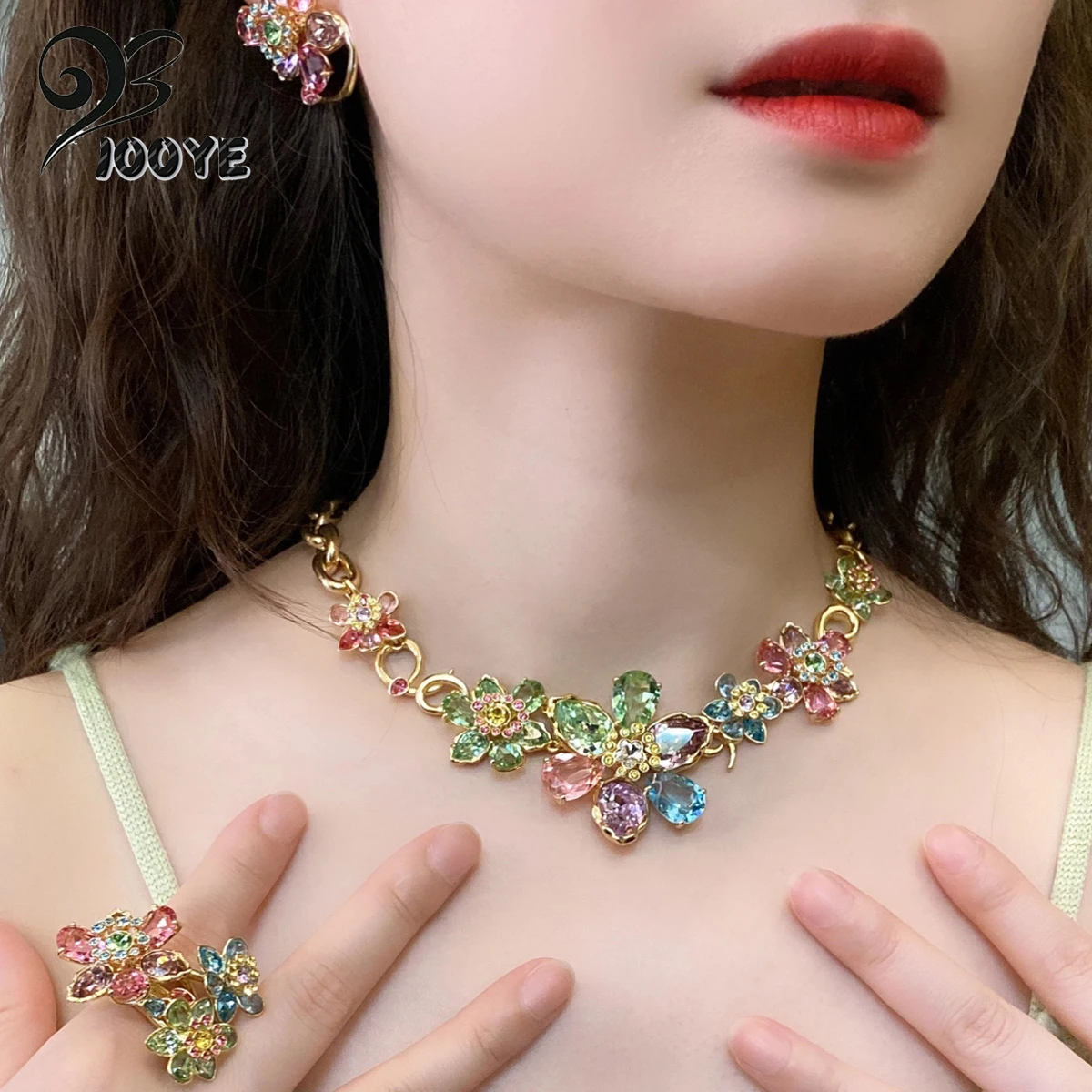 

2025 New Trend Fine Jewelry Sets Charm Pink Blue Flower Crystal Fashion Original Luxury Necklace Earring Romantic Gift for Women