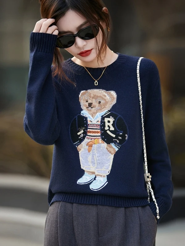 

Thickened round Neck Embroidered Bear Sweater Women's Autumn Winter Loose Anti-aging Cashmere Base Shirt Knitted Woolen Sweater