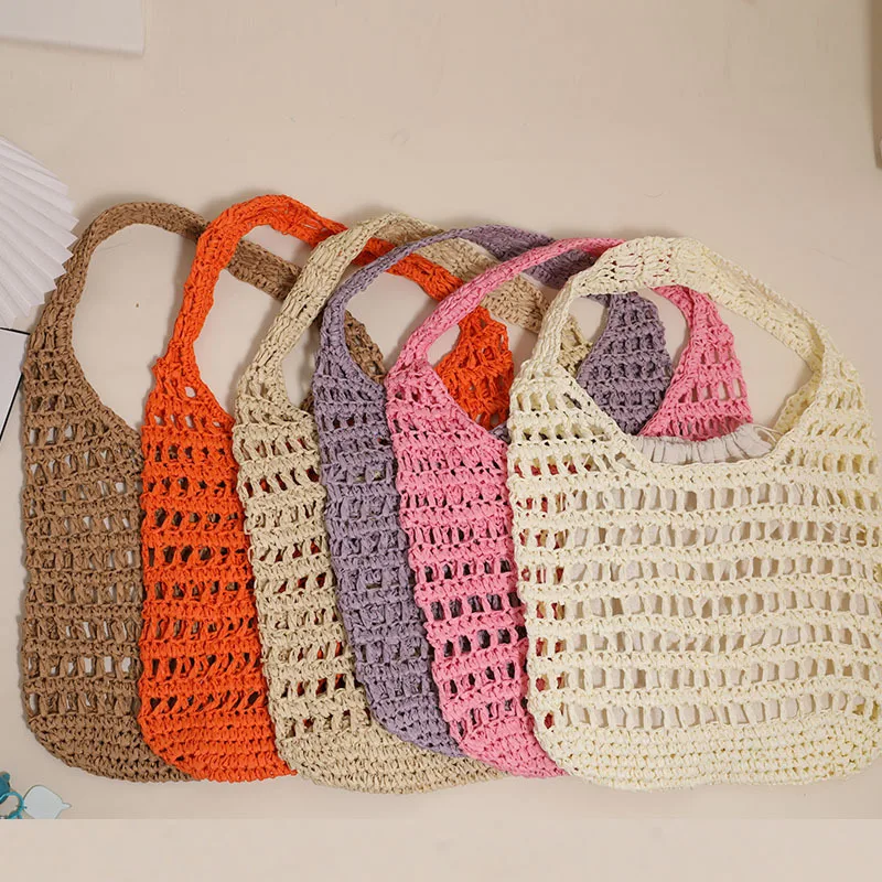 Hollow Straw Tote Paper Rope Women Shoulder Bag Designer Woven Beach Bag Candy Color Handbags and Purses Bohemian Rattan Bags