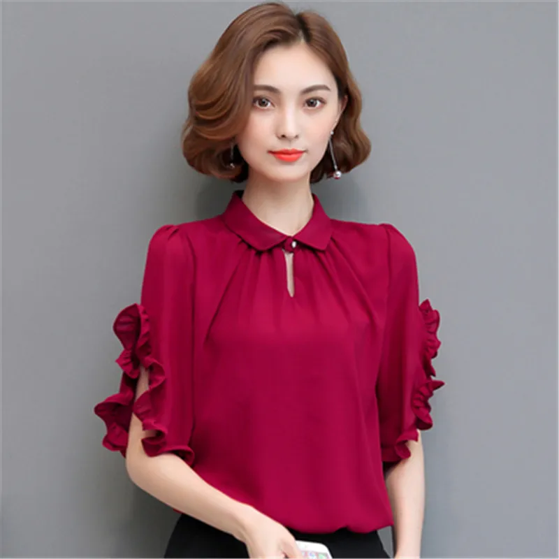 Fashion Chiffon Shirt Women Short-sleeved 2022 Summer New Women's Korean version Fashion Loose Ruffle solid color Top Shirt A942