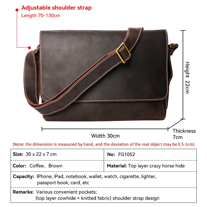 Genuine Leather Men's Messenger Bag Male Business Sling Bags Vintage Crossbody Bags For Men Casual Shoulder Bag