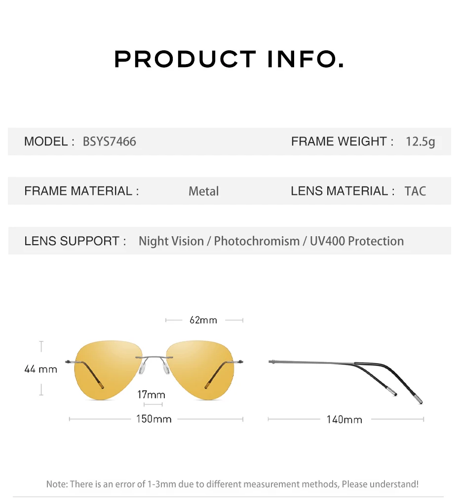CAPONI Pilot Nachtsicht Randlose Sonnenbrille Ultraleicht Nacht Fahren Männer Sonnenbrille Photochrome Braun UV400 Gläser BSYS7466 – Detail 17