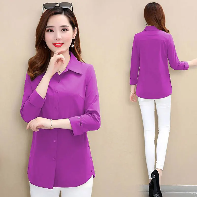 Women\'s Spring Fashion Simplicity Solid Color Polo Collar Long Sleeve Shirts Women Clothes Office Lady All-match Elegant Tops