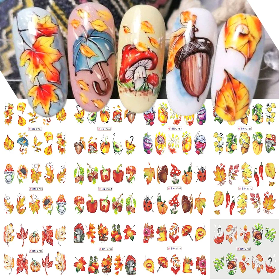 Autocollants pour les ongles, feuilles d'érable d'automne, motif dessin animé, Aliments, décalcomanies, transfert à l'eau, vernis gel, feuilles de manucure DIY, 12 pièces