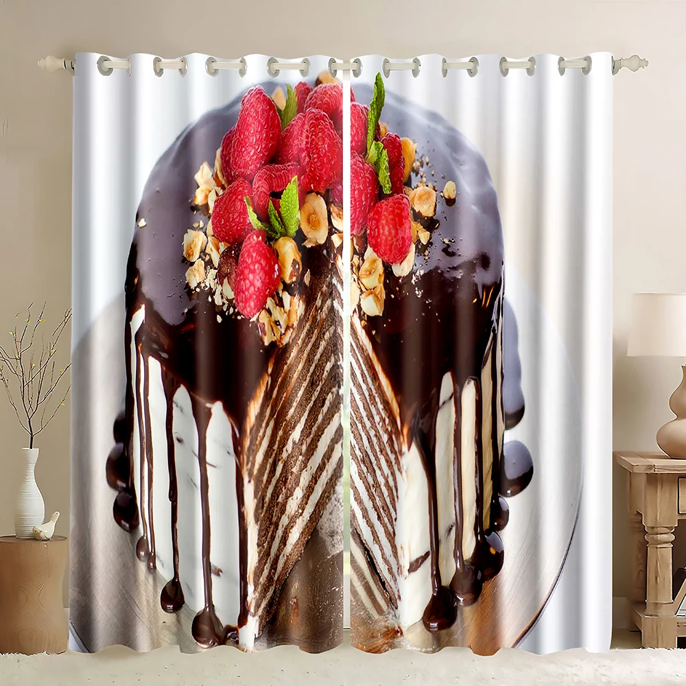 Cake Blackout Curtains,Strawberry Blueberry Cake Ice Cream Cupcake,3D Printed Desserts Chocolate Cake Food Theme Window Curtains