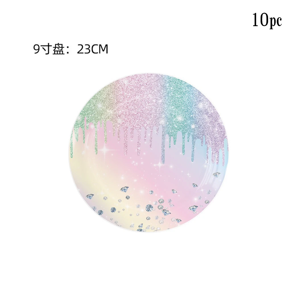 10pcs Dimond Birthday Disposable Tableware Rainbow Gradient Macaron Plate Napikn Girl Happy Birthday Party Decor Kids Adults