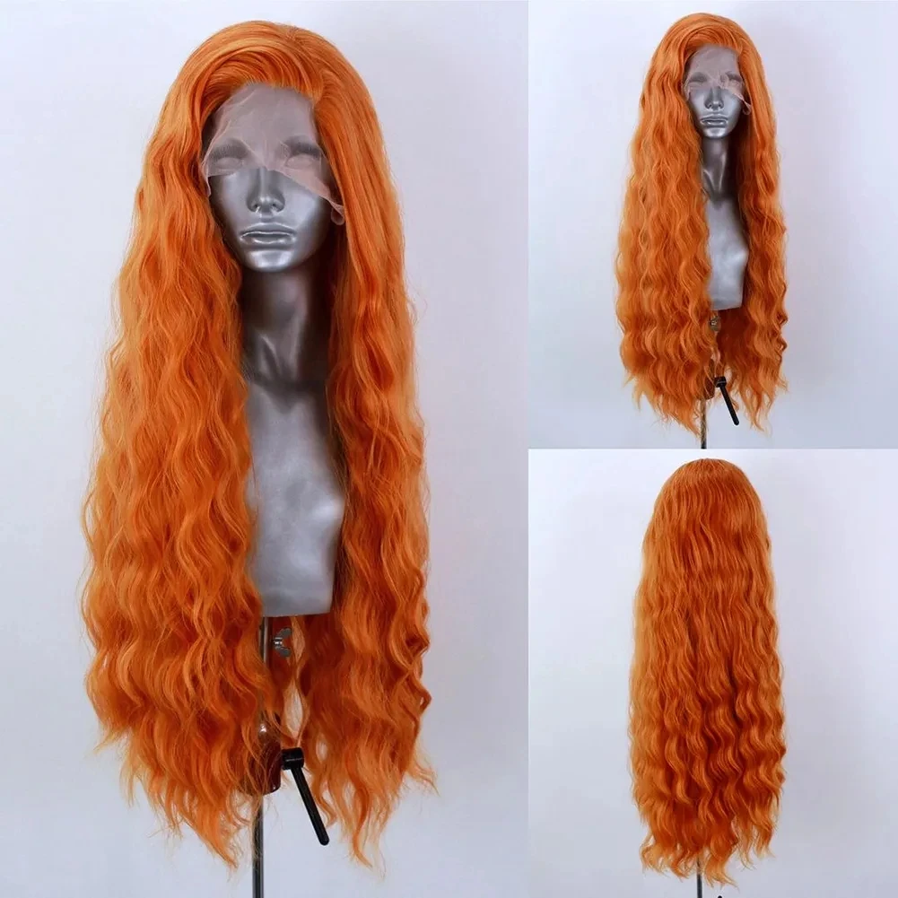 Peluca de cabello sintético para mujer, cabellera de onda profunda, color naranja, sin pegamento, suave, 180% de densidad, prearrancada, Cosplay