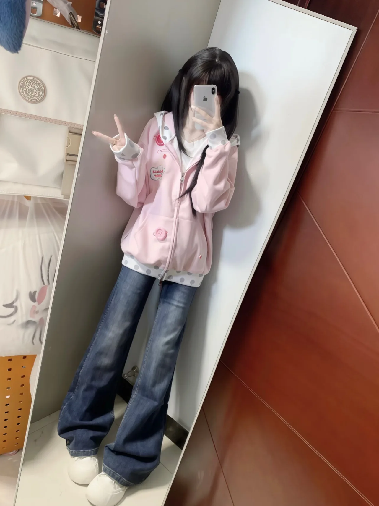 Pink Polka Dot Embroidered Hoodie Sweatshirt Women's Spring Autumn Loose Cute Patchwork Open Cardigan Outerwear