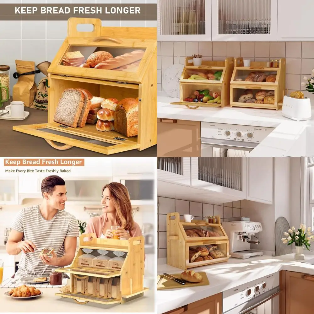 

Двухслойная коробка для хлеба из натурального бамбука с окном и держателем для инструментов, собранная (14,9 x 11 x 15,3)