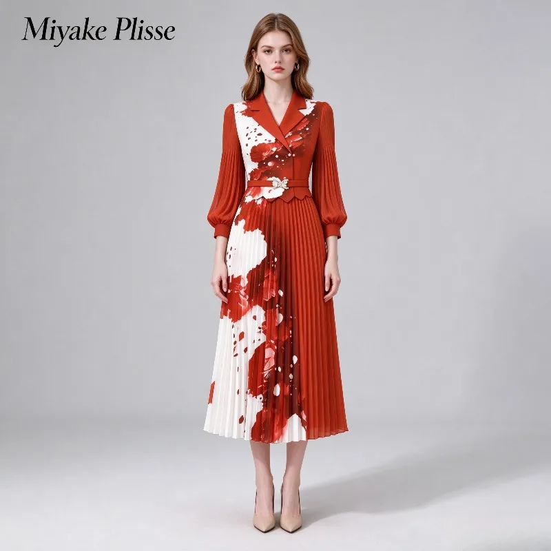 Women's Pleated Suit Collar Lantern Sleeve Dress 2026 New Ink Splash Print Casual Waist-Cinching Light Luxury Long Dress Pleat