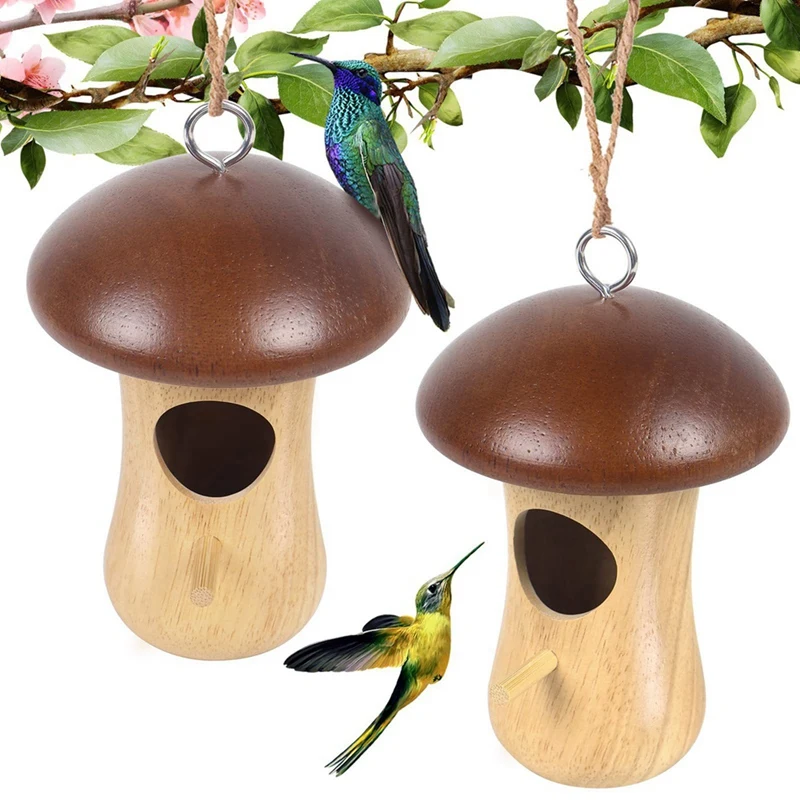 2Pcs Mushroom Shape Garden Decoration Sparrow Cage Swallow Bird House Tree Hanging Feeder Bird Nests Wooden