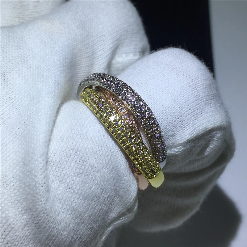 Triple Circles Gold/Rose Gold/Silver Ring Three Colors Luxury Jewelry Silver Color Pave CZ Ring Women Wedding Finger Rings Gift