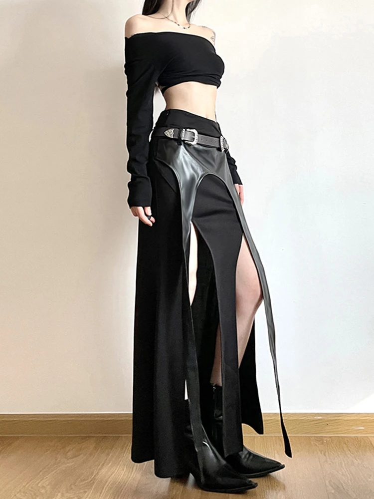 AltGoth Harajuku Cyber Punk Irregular Skirt Women Dark Academia Gothic Streetwear Y2k Pu Leather Patchwork Belt High Waist Skirt