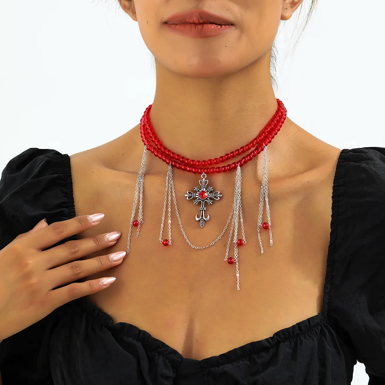 

Sweet and cool temperament, red beads stacked with fringed necklaces, women's light luxury, dark niche design sense, collarbone chain accessories