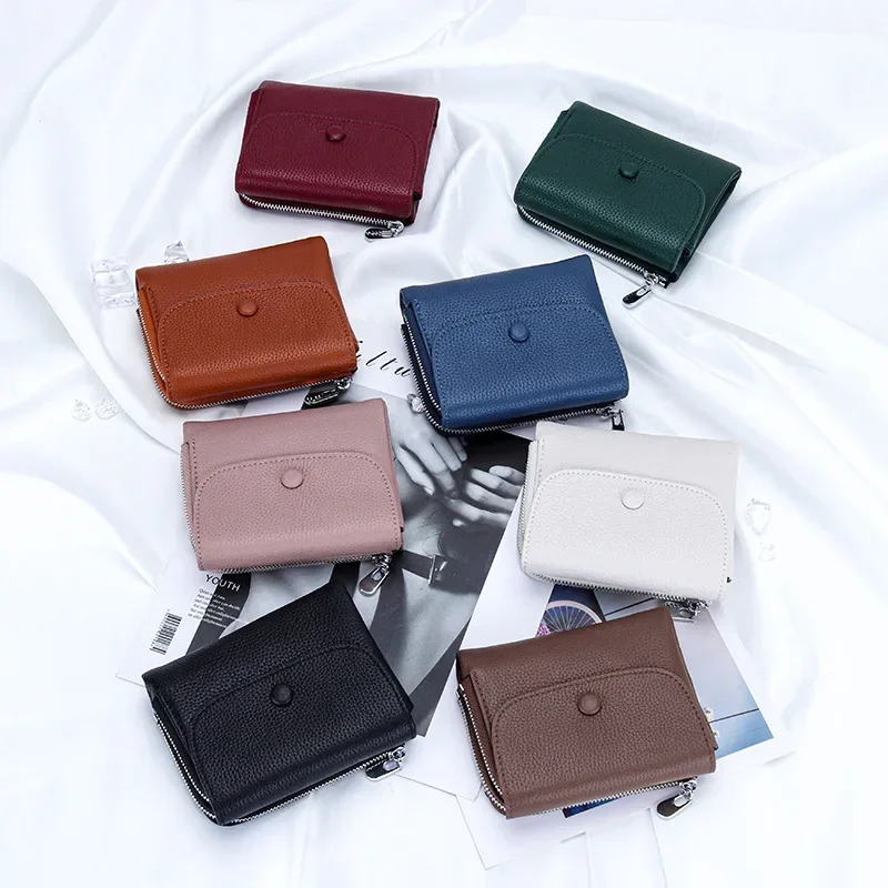 Brand Women Wallets Flip Trifold Coin Purse Genuine Leather Natural Textured Leather Card Holder Zipper Soft Cowhide Card Wallet