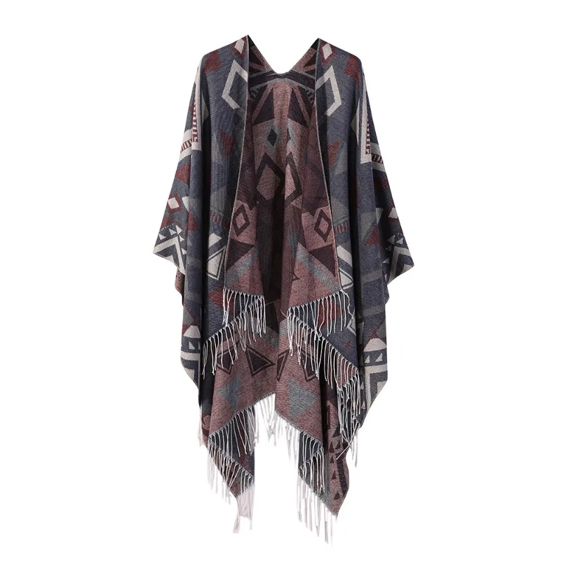 Split Style Shawl Top Imitation Cashmere Cloak Thickened Warm Cloak Geometric Fringe Scarf Fashionable Autumn Winter New