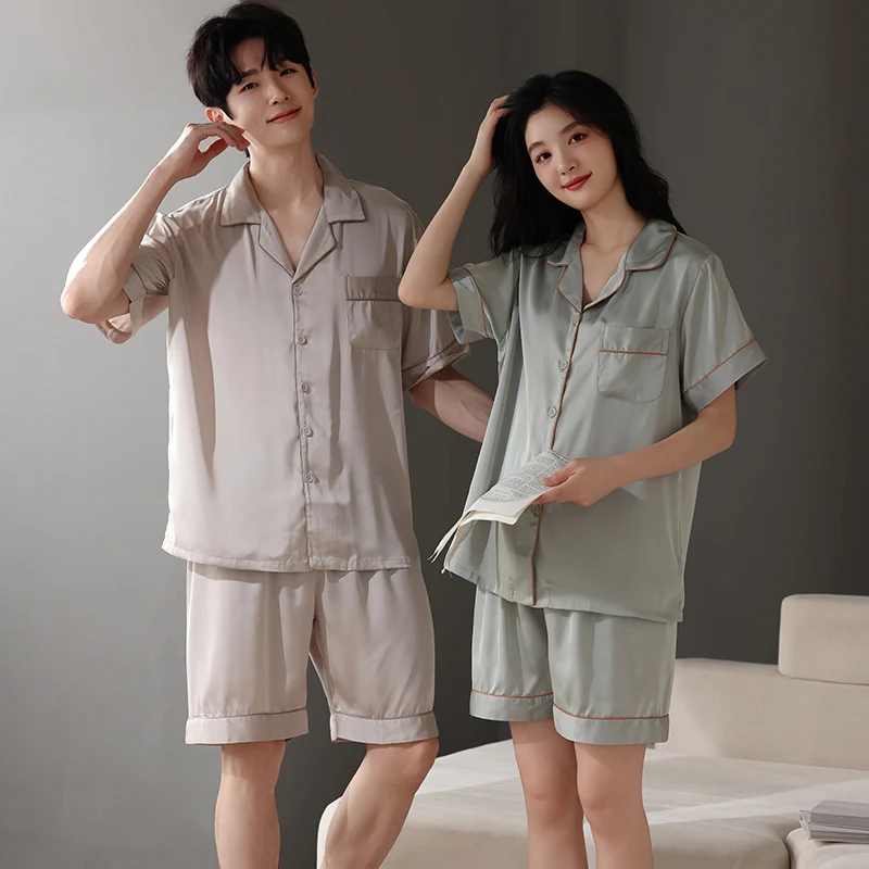 

Summer Couple Pajamas Set Silk Pijama Men and Women Home Clothing Lounge Short Sleeve Pyjamas