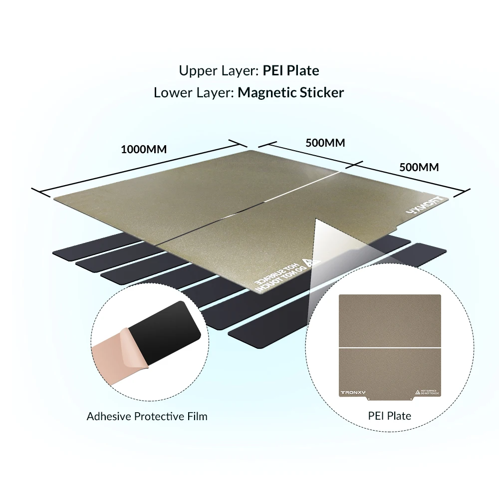 Stampante 3D Tronxy 800*800mm 1000*1000mm Heatbed Hot Bed PEI Sticker lamiera di acciaio per molle Pre-applicata PEI con Base magnetica