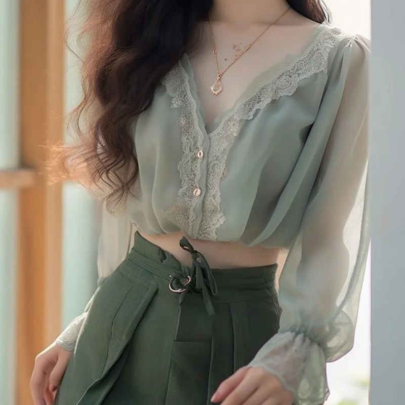 

2024 Lace Patchwork Blouses Long Sleeve Ladies Shirts Summer Fashion Net Yarn Perspective Tops New Sexy V-neck Women's Clothing