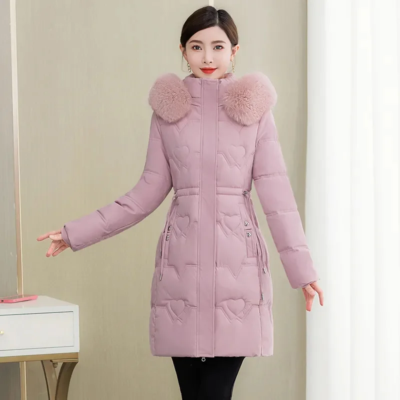 2023 Winter Parkas Women Cotton-Padded Jacket Women\'s Fur Collar Cotton Liner Jacket Slim Long Thick Coat Hooded Female Green