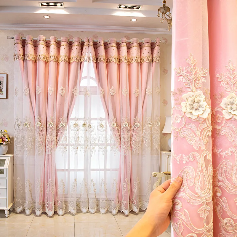 ヨーロッパの高級二層遮光カーテン寝室の窓レリーフ刺繍花布カーテン + ボイルカーテン家の装飾