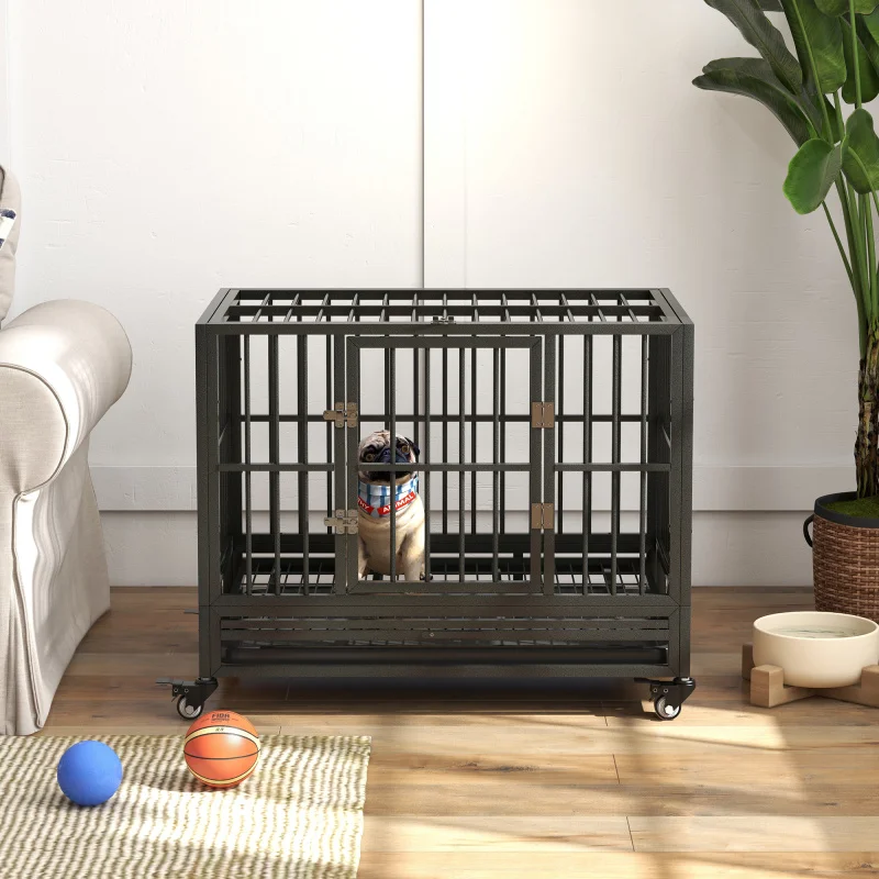 

36" Heavy Duty Dog Crate Metal Cage Kennel with Lockable Wheels, Double Door and Removable Tray, Gray