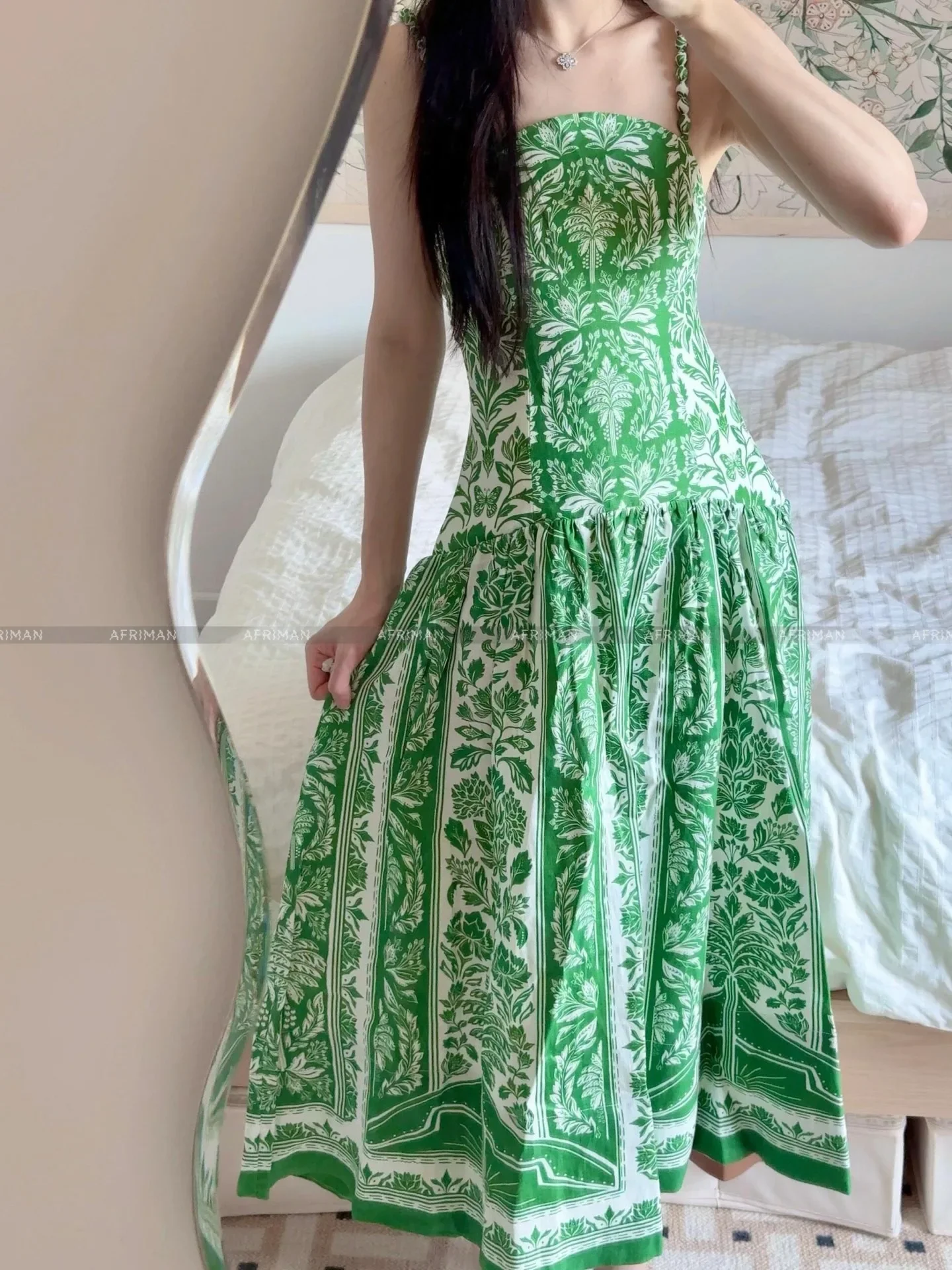 بيع خاص! المرأة عطلة نمط مثير حمالة الطازجة الأخضر بيزلي طباعة 3D الصدر فستان طويل حبال #2