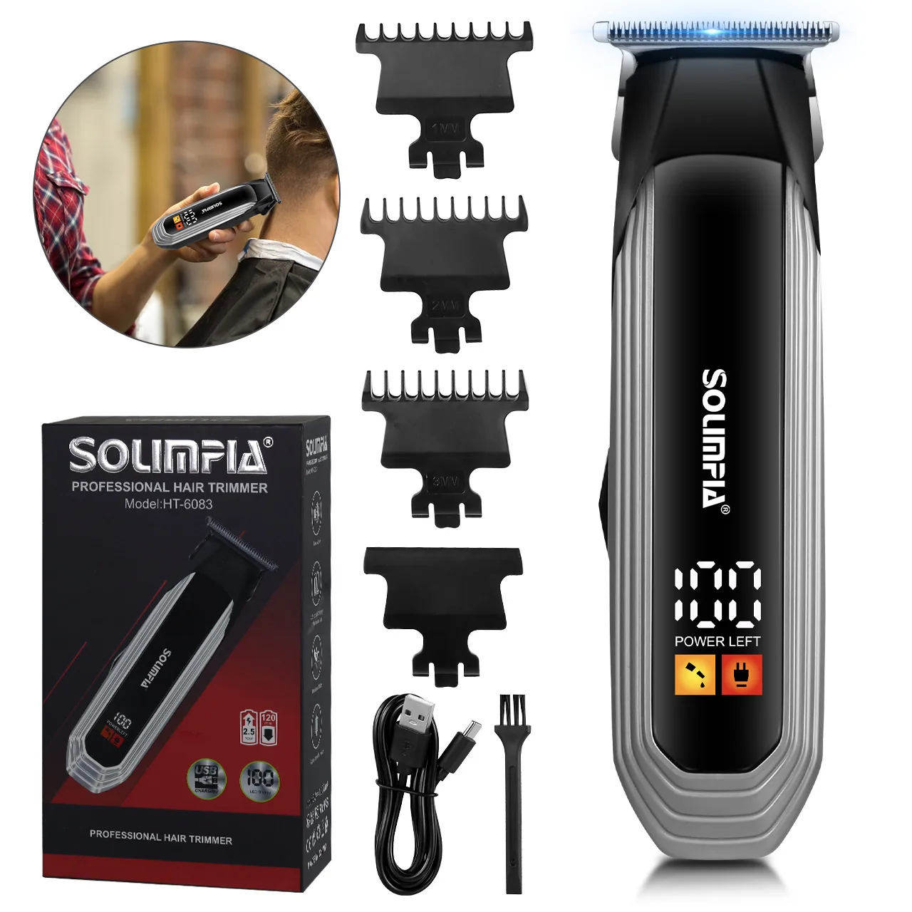 Solimpia Professional Hair Clipper Ceramic Blade Male Hair Trimmer LED Display Haircut Machine USB charging