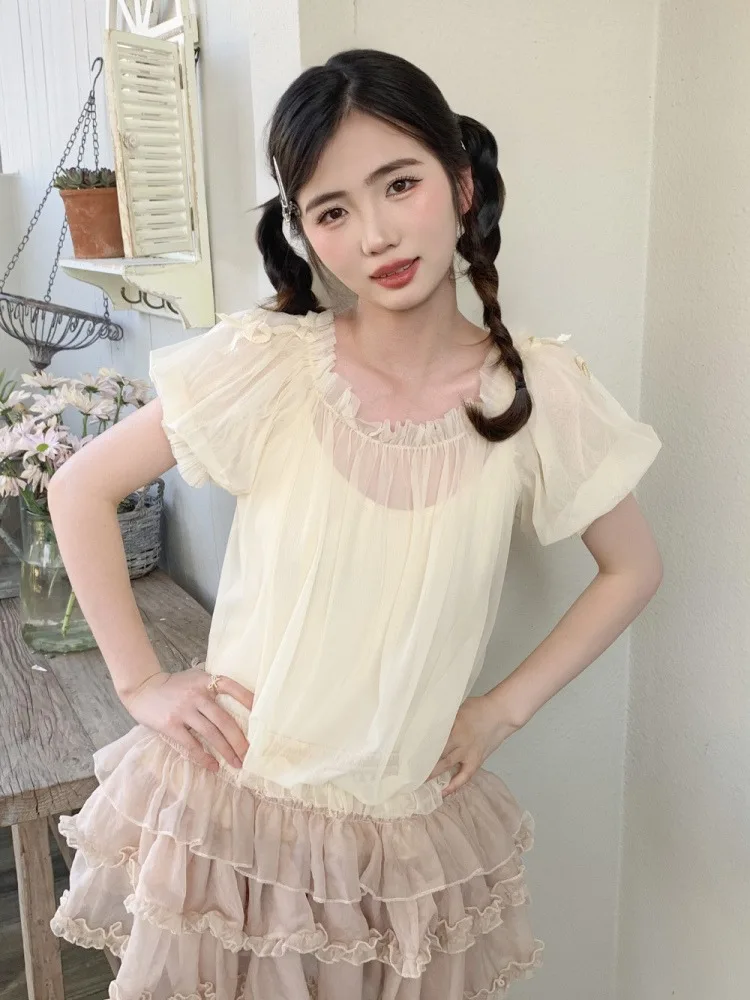 

Y2K Aesthetic Lolita Bottoming Shirt Women Sweet Mesh Puff Sleeve JSK Bluson Mujer 2025 Summer New All-match Blouses