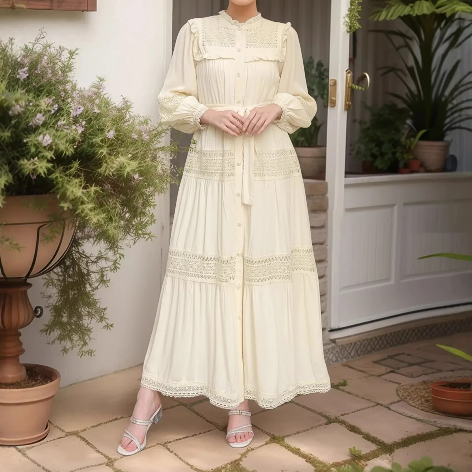 Muslim Abaya Dresses Women Lace DressSingle Breasted Lace Up Morocco Dubai Kaftan Vestidos Ramadan Long Robe  Eid Jalabiya