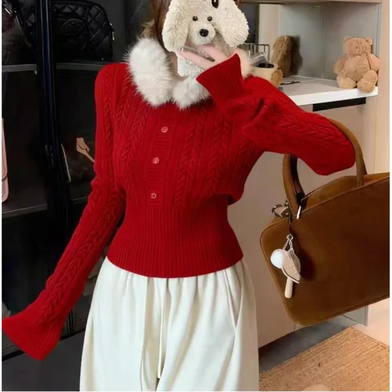 

Новогодний красный рождественский вязаный свитер, осень-зима, новый стиль, облегающий модный топ со съемным меховым воротником