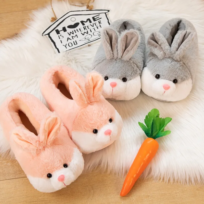 Cartoon Fluffy Rabbit Slippers Women Winter Warm Plush Home Silent Indoor Floor Kawaii Flat Cute Animal Slides Shoes