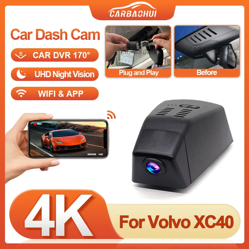 لفولفو XC40 2022-2025 4K HD داش كام ل كاميرا السيارة مسجل داشكام واي فاي جهاز تسجيل أجهزة تسجيل السيارات اكسسوارات App التحكم