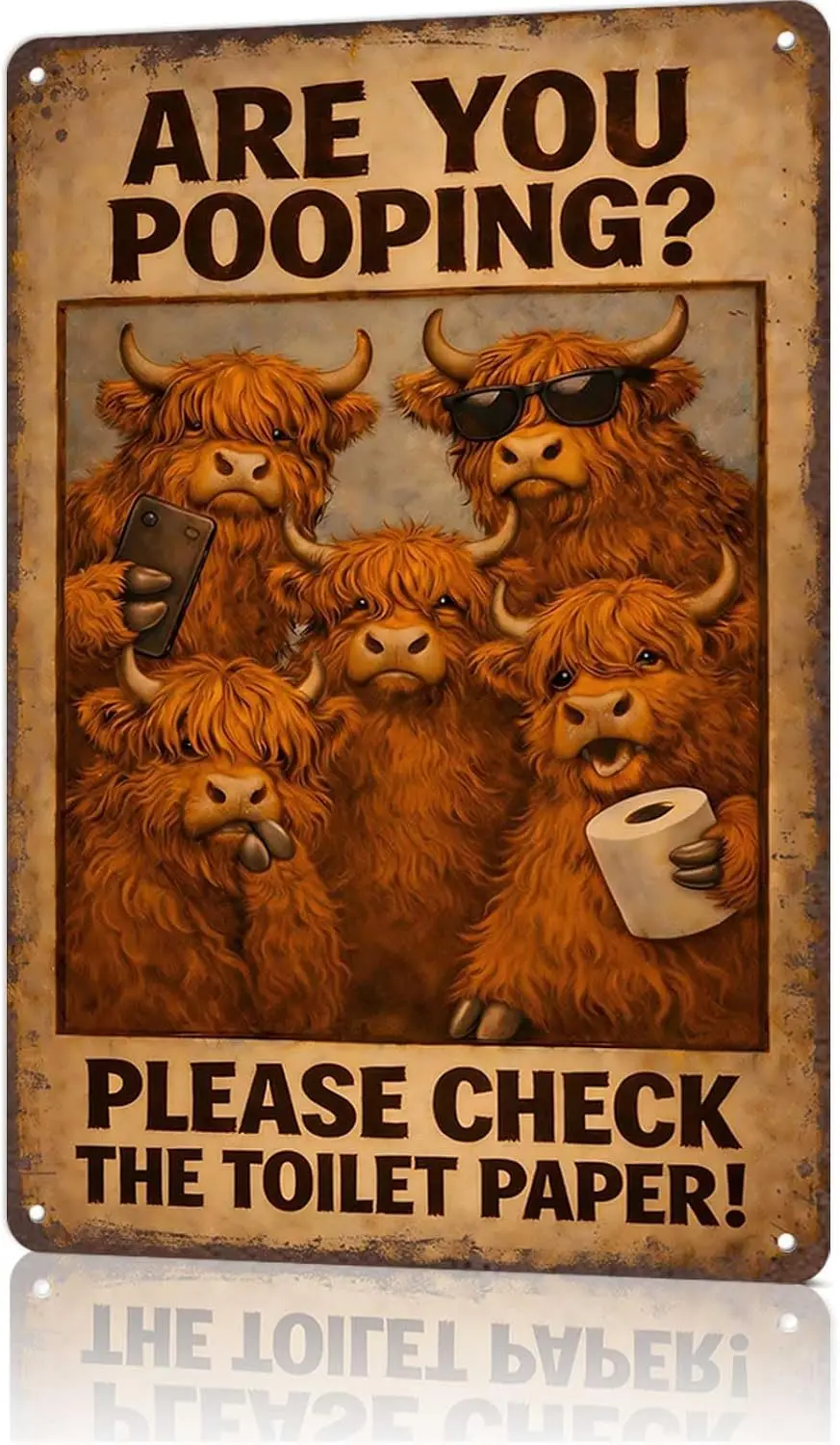 Highland Cow Metal Signs Funny Are You Pooping?：Highland Cow Gifts for Bathroom Wall Decor & Modern Farmhouse Decor --Tin Si