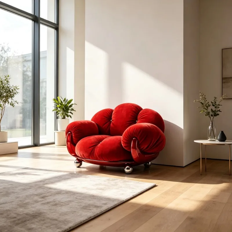 Cloud-shaped lounge chair with bright red electroplated fiberglass frame, tufted velvet single sofa with round metal ball feet