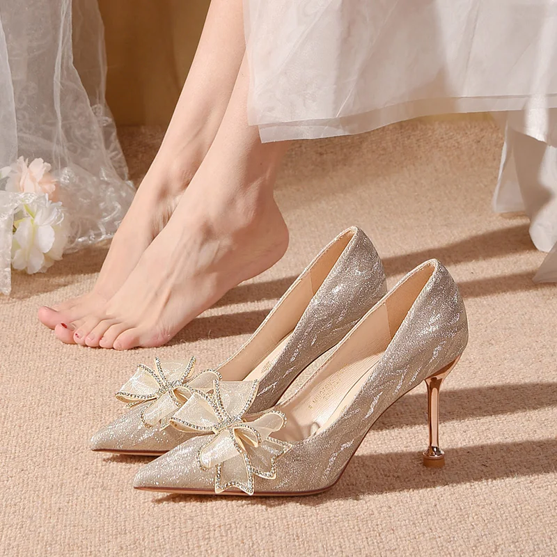 Wedding Shoes Women\'s 2024 Wedding Dress Main Sequins Champagne Crystal Pointed Heels Stiletto Bridesmaids High Heels Women